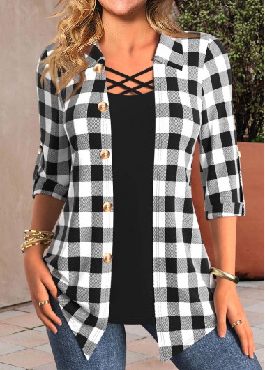 Modlily Shirt Collar Black Fake 2in1 Plaid Blouse - XL