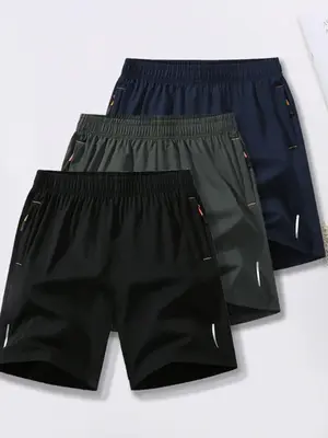 Men's Solid Zipper Pocket Shorts Three-piece Set, Casual Elastic Waist Track Shorts for Summer, Breathable Quick Drying Shor...