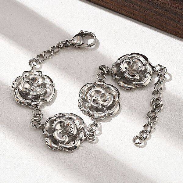 304 Stainless Steel Flower Link Chain Bracelets for Women