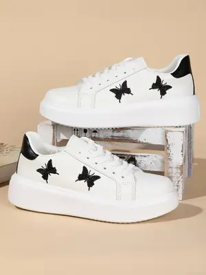 Butterfly Print Low Top White Shoes Casual Trainers for Summer, Minimalist Casual Plain Butterfly Design Round Toe Lace Up Sk...