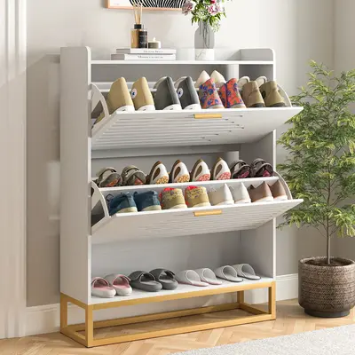 Shoe Cabinet, Free Standing Tipping Bucket Shoe Rack Organizer with 2 Flip Drawers,Entryway Narrow Shoe Storage with Shelf & ...