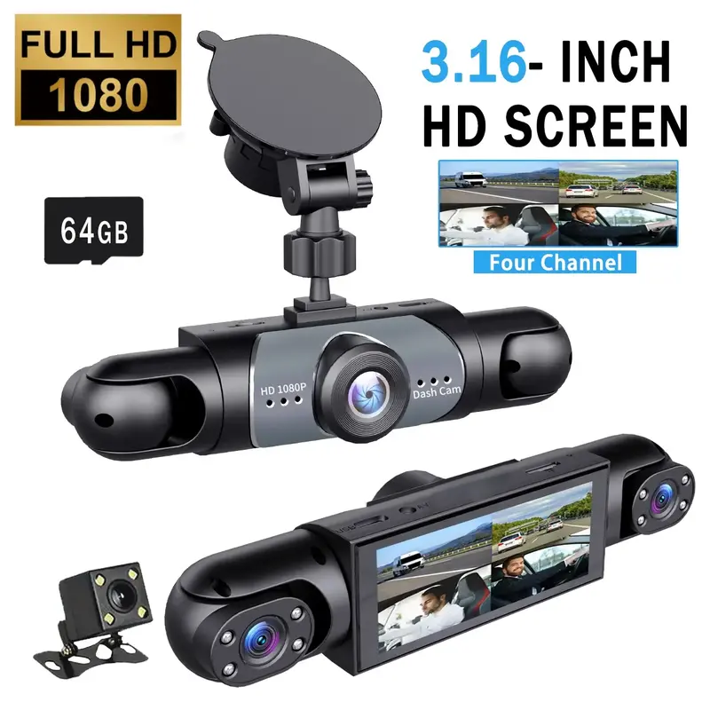 4 Channel  Car Dash Cam,1080P Car DVR with 64GB Memory Card，Car Video Surveillance with Night Vision，24/7Parking Mode Car...