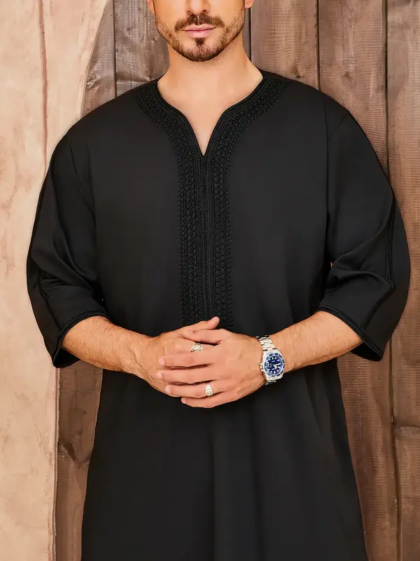 Men's Moroccan Thobe - Black Loose Fit Islamic Kaftan with Half Sleeves & Pocket, Traditional Robe for Eid & Everyday Wear