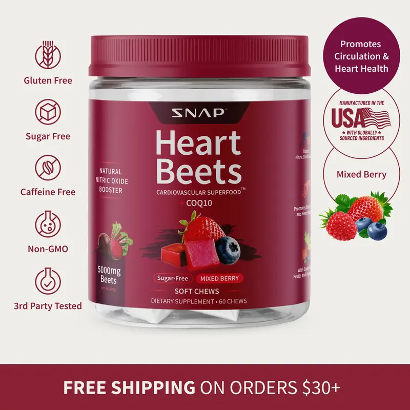 Snap Supplements - Heart Beets Chews - 30 Servings - Natural Supplement Soft Chews - Mixed Berry Flavor Dietary Edible -  Nit...
