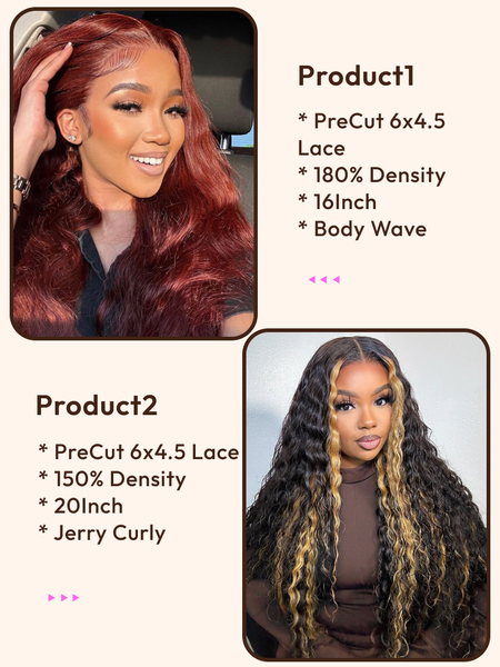 2 Wigs $221 for PreCut 6x4.5 Lace Blonde Highlight Curly Hair 20Inch and 180% Density PreCut 6x4.5 Lace Reddish Brown Body Wa...