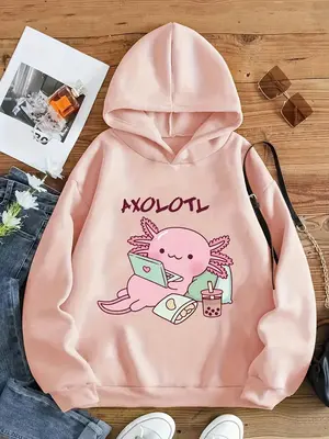 Girl's Cartoon Salamander & Letter Print Drop Shoulder Hoodie, Cute Casual Long Sleeve Hooded Sweatshirt for Daily Holiday ...