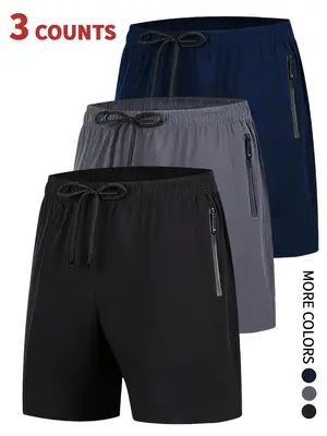 Men's Solid Zipper Pocket Drawstring Waist Shorts, Regular Fit Casual Breathable Quick Drying Straight Leg Shorts for Summer,...