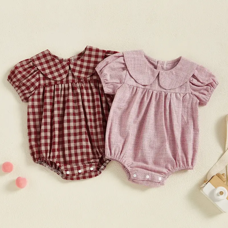 Infant Baby Girl Plaid Romper Short Puff Sleeve Doll Collar Smocked Bubble Bodysuit Newborn Summer Clothes