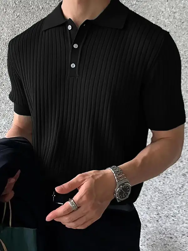 Men's Regular Fit Solid Short Sleeve Knit Polo Shirt, Casual Business Button Front Half Placket Ribbed Knit Top for Summer, F...