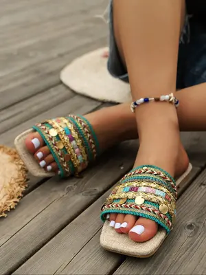Women's Boho Style Ethnic Pattern Slip on Flat Sandals, Casual Square Toe Sandals for Summer, Fashionable Slide Sandals for B...
