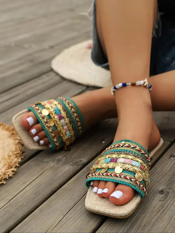 Women's Boho Style Ethnic Pattern Slip on Flat Sandals, Casual Square Toe Sandals for Summer, Fashionable Slide Sandals for B...