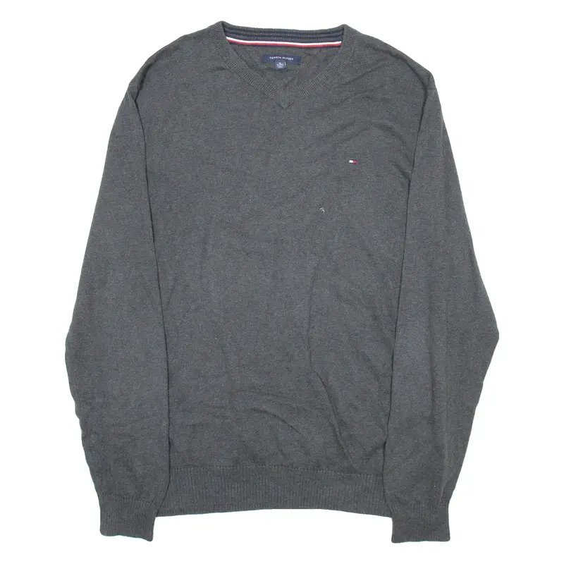 TOMMY HILFIGER Mens Jumper Grey V-Neck Tight Knit Wool XL