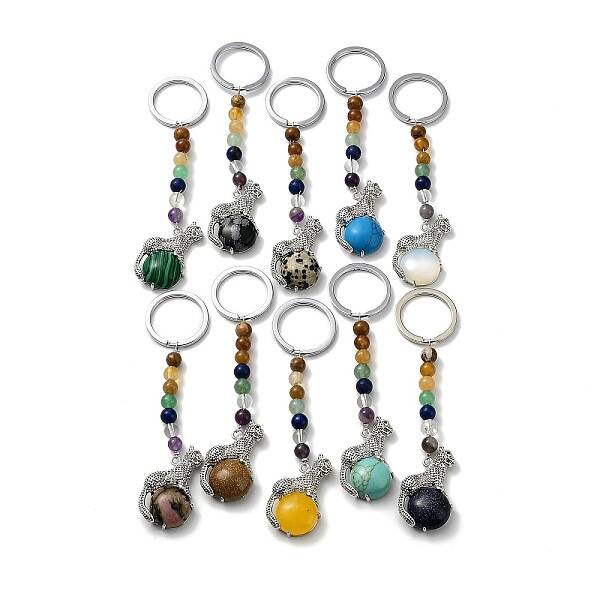 Natural & Synthetic Mixed Gemstone & Brass Cheetah Keychain