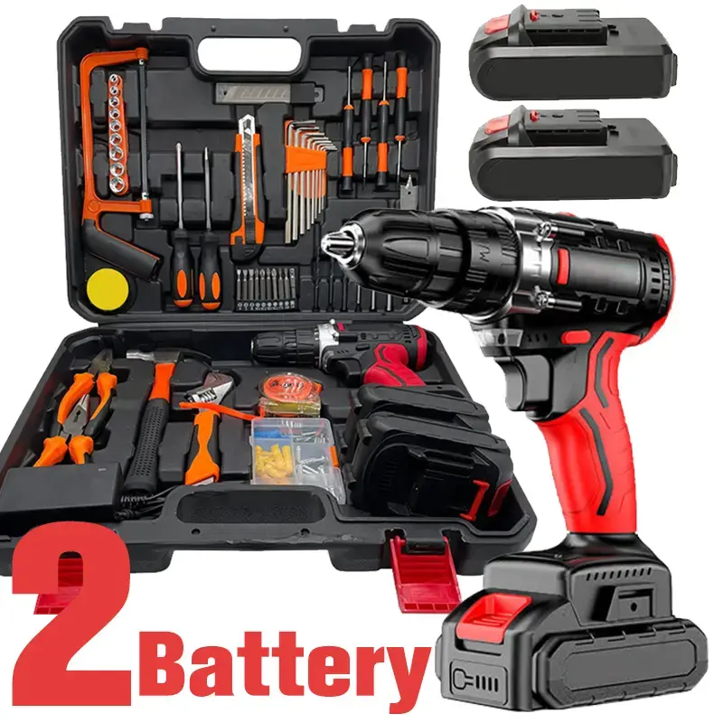 128 pc Tool Set with Power Drill, Cordless Hammer Drill Tool Kit 110Pcs Household Power Tools Drill Set with 21V Li-Ion Batte...