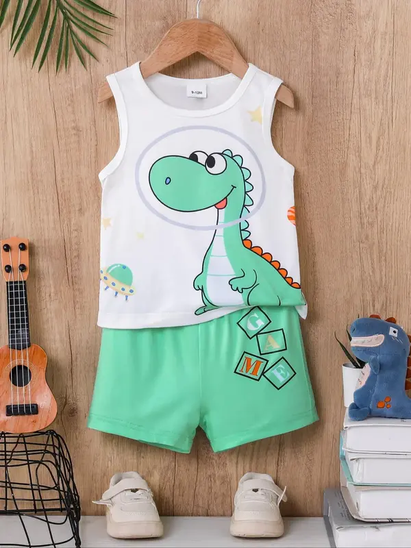 Baby's Cartoon Dinosaur Print Tank Top & Letter Print Shorts Two-piece Set, Cute Casual Sleeveless Top & Shorts, Infant Toddl...