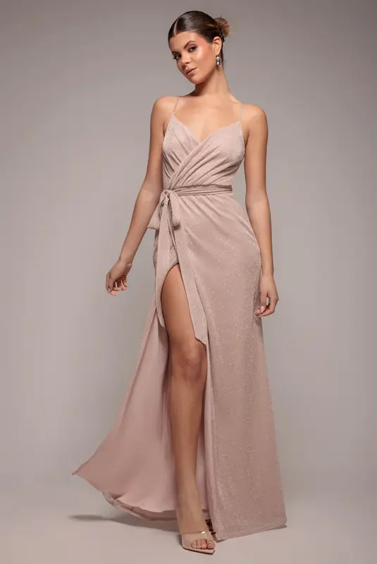 Goddiva Wrap Style Spaghetti Strap Maxi With Split - Blush