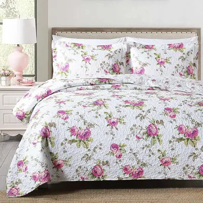 1 Count Floral Pattern Quilt Cover & 1/2 Counts Pillowcase without Filler, Soft Bedding Set for Home Bedroom, Printed Quilted...