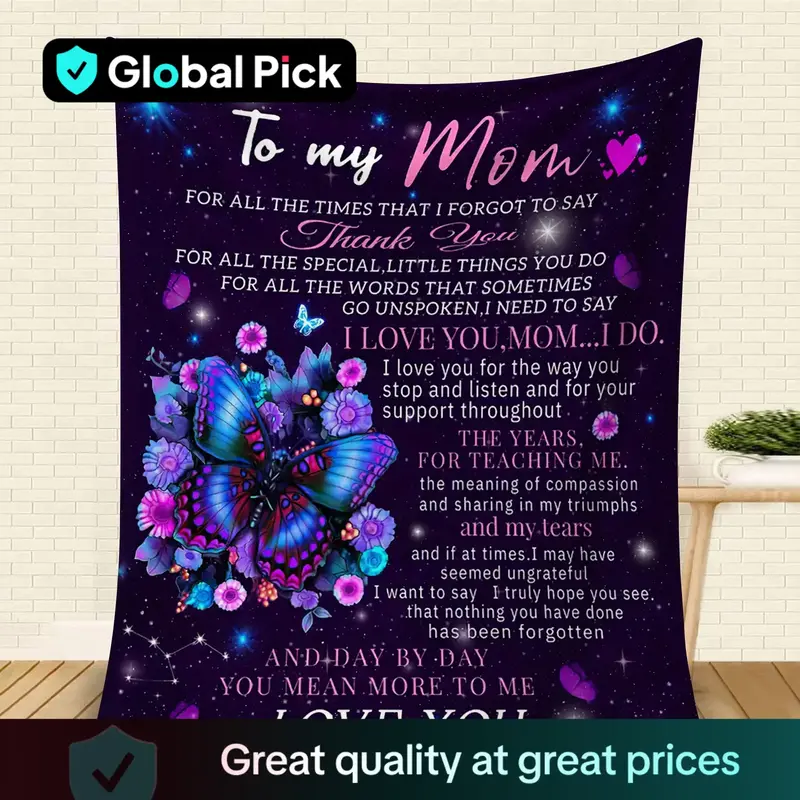 To My Mom Letter & Butterfly Pattern Bed Blanket, 1 Count Soft Warming Napping Throw Blanket, All Season Blanket, Breathable ...