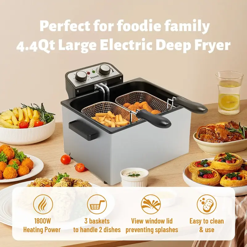 Large Electric Deep Fryer with Basket, 4.4Qt Stainless Steel Electric Oil Fryer w/Adjustable Temperature,Timer,Lid with View ...