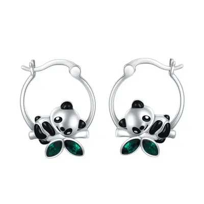 Sterling Silver Crystal Panda & Bamboo Hoop Earrings