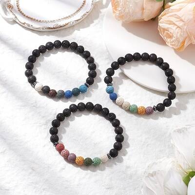 Natural Lava Rock Round Beads Stretch Bracelets for Men Women