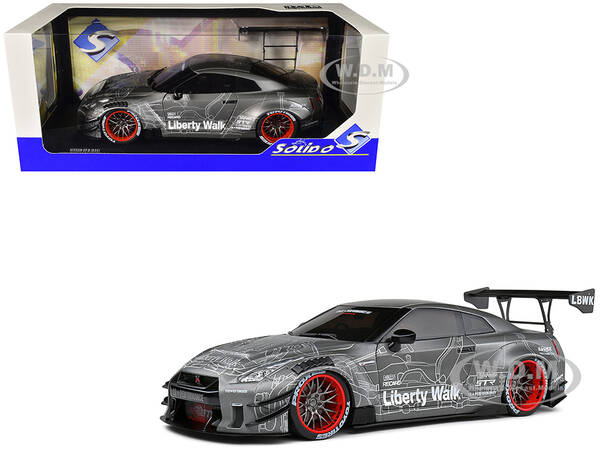 2020 Nissan GT-R (R35) RHD (Right Hand Drive) with Liberty Walk 2.0 Body Kit Dark Silver Catalogue Design 1/18 Diecast Model ...