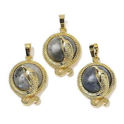 Natural Labradorite Flat Round Shaped Brass Pendants