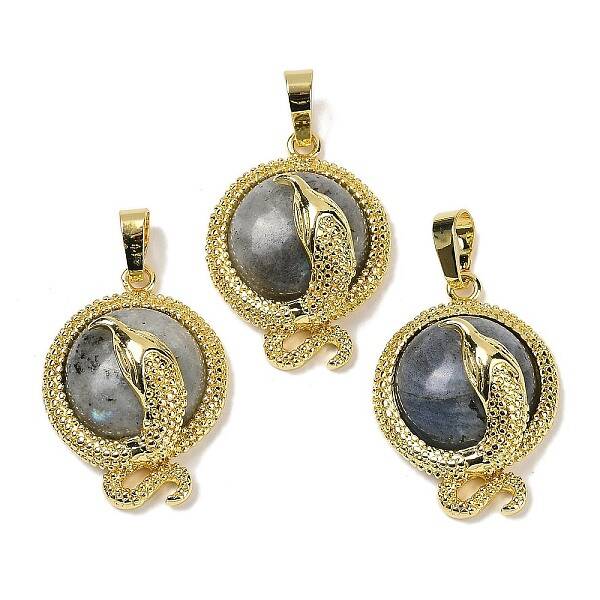 Natural Labradorite Flat Round Shaped Brass Pendants