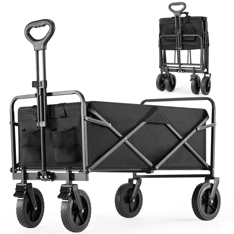 Camping Furniture Collapsible Foldable Wagon Cart, Large Capacity Garden Beach Cart with Wheels, Heavy Duty Utility Grocery W...
