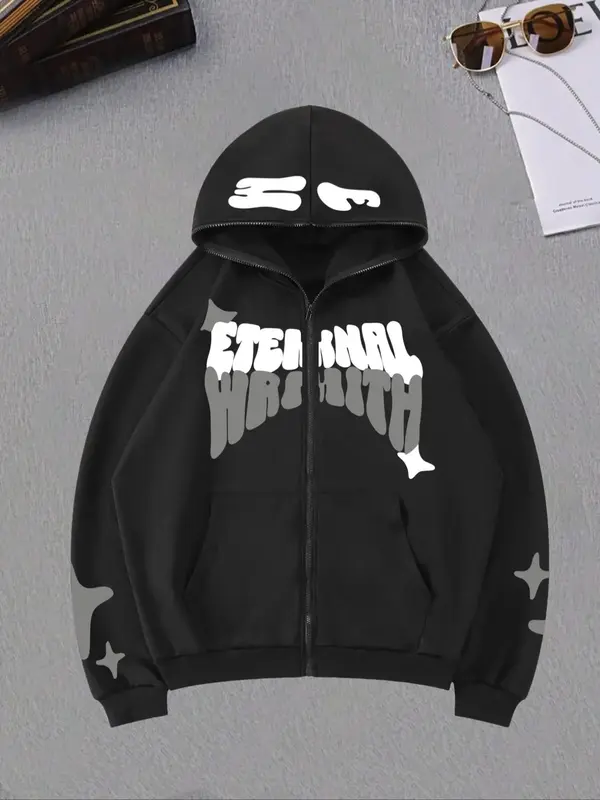 Men's Letter & Star Print Zip Up Hoodie, Regular Fit Casual  Cozy Drop Shoulder Long Sleeve Hooded Sweatshirt for Fall & Wint...