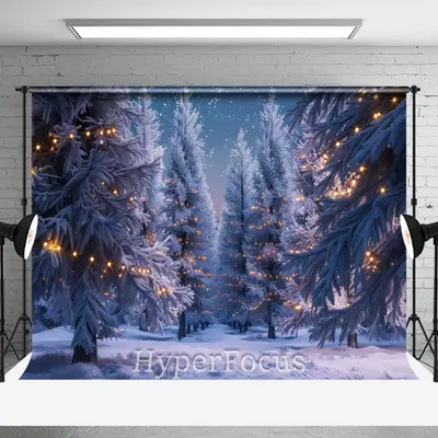 Gold Light Snowy Pine Forest Christmas Backdrop - Aperturee