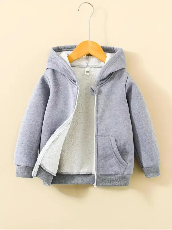 Boy's Solid Zip Up Hooded Jacket, Casual Long Sleeve Pocket Zipper Outerwear for Fall & Winter, Kids Clothes for Daily Wear