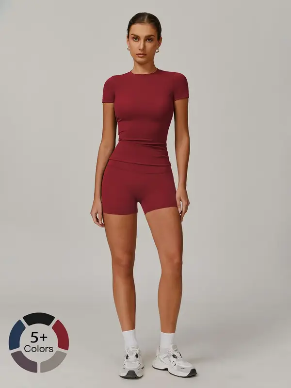 Women's Solid Ribbed Crop Tee & High Waist Shorts Set, Quick Drying for Yoga Gym Workout Running, Ladies Sportswear for All S...