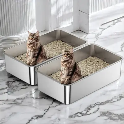 2 pcs 23.4L Odor Free  Long Lasting Modern Stainless Steel Cat Litter Box with 6“ High Wall Side Easy Clean Long Lasting ...