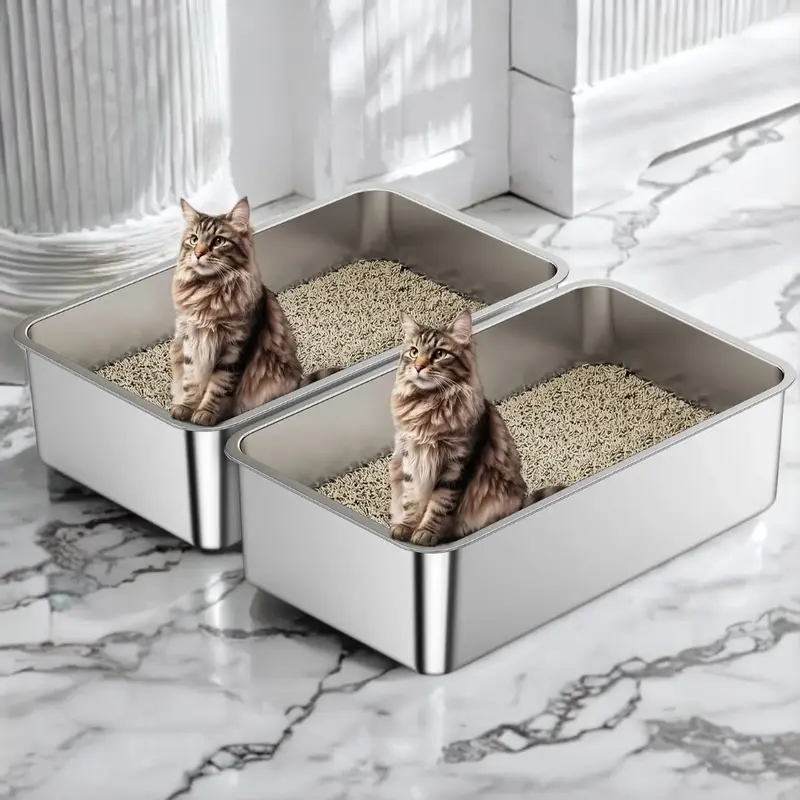 2 pcs 23.4L Odor Free  Long Lasting Modern Stainless Steel Cat Litter Box with 6“ High Wall Side Easy Clean Long Lasting ...