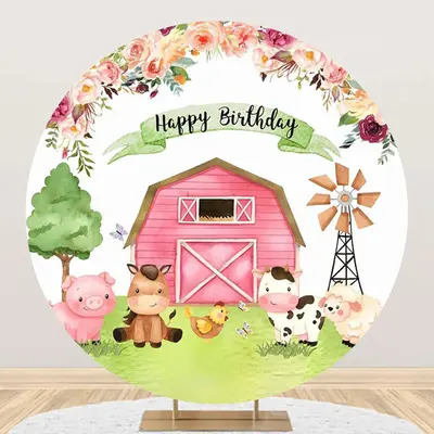 Floral Pink Farm Animals Round Birthday Backdrop - Aperturee