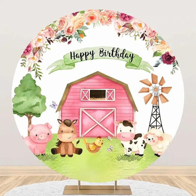 Floral Pink Farm Animals Round Birthday Backdrop - Aperturee