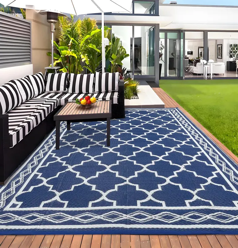 Garvee Outdoor Dark Blue 10x14 Waterproof Plastic Straw Rug, Reversible, UV-Resistant, Portable with Carry Bag & Stakes for P...