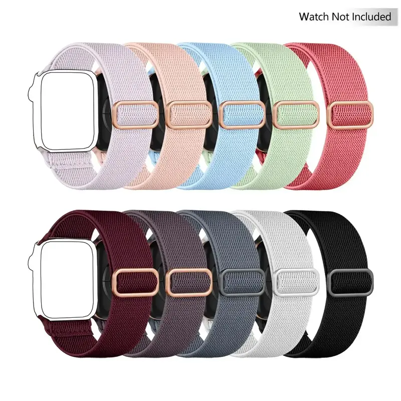 Stretchy Solo Loop Smartwatch Band Compatible with iWatch 38/40/41/42/44/45/49mm, 10pcs Soft Nylon Elastic Braided Smart Watc...