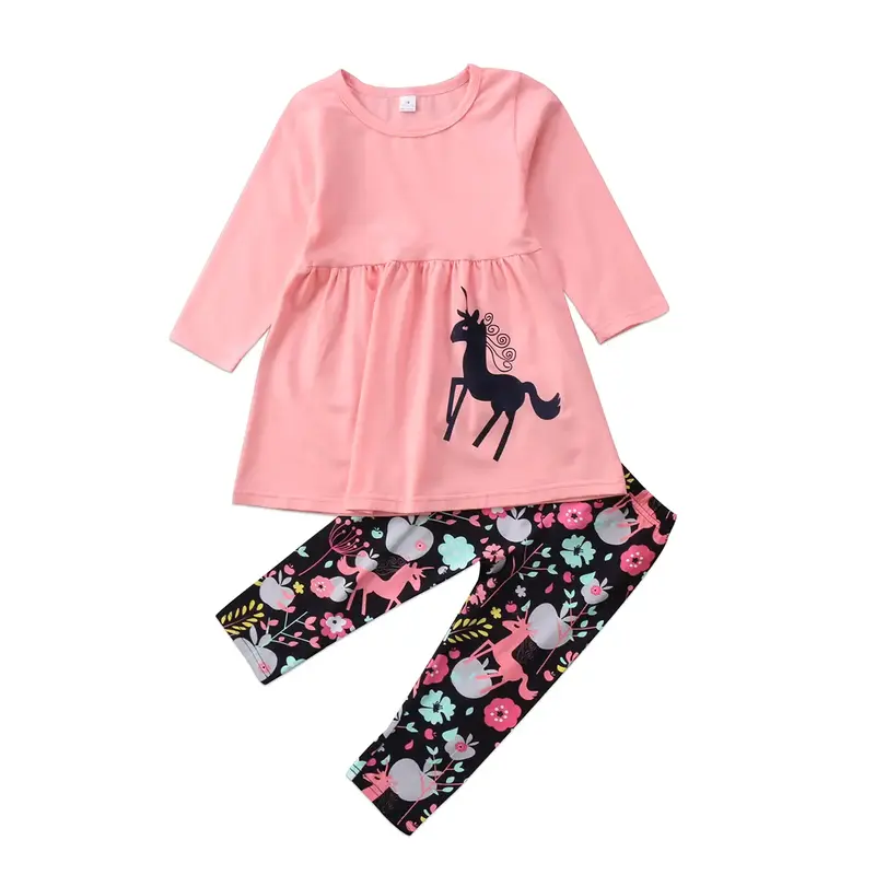 2pcs Little Girl Long Pants Set Cartoon Print Long Sleeve A Line Dress Tops + Trousers 1T 2T 3T 4T 5T 6T 7T Kids Casual Outfi...