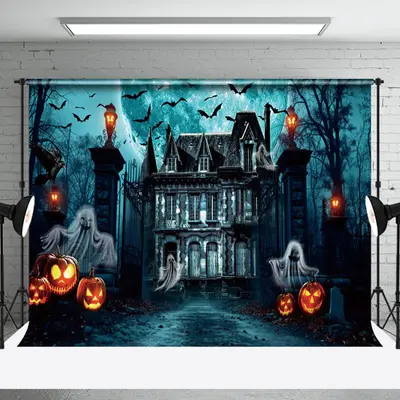 Ghost Manor Moon Night Pumpkin Horror Halloween Backdrop