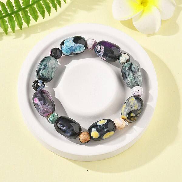 Natural Fire Crackle Agate Bead Stretch Bracelets