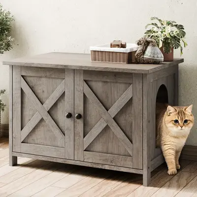 Walsunny Cat Litter Box Furniture with Removable Divider Hidden Enclosure and End Table White Brown Gray Wood Adjustable Syst...