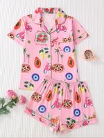 Women's Fruit Print Shortsleeve Shirt & Elastic Waist Shorts Pyjama Two-piece Set, Casual Comfy Short Sleeve Top & Shorts Pj ...