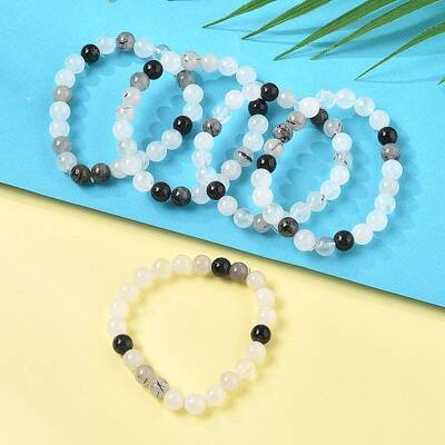 Natural Tourmalinated Quartz/Black Rutilated Quartz Stretch Beaded Bracelets