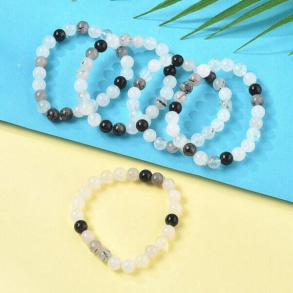 Natural Tourmalinated Quartz/Black Rutilated Quartz Stretch Beaded Bracelets