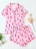 Two-piece Set Women's Shirt & Pants Pyjama, Casual Comfy Short Sleeve Collared Top & Trousers Pj Set, Ladies Sleepwear for Al...