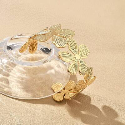 Ion Plating(IP) Flower 304 Stainless Steel Cuff Bangles for Women