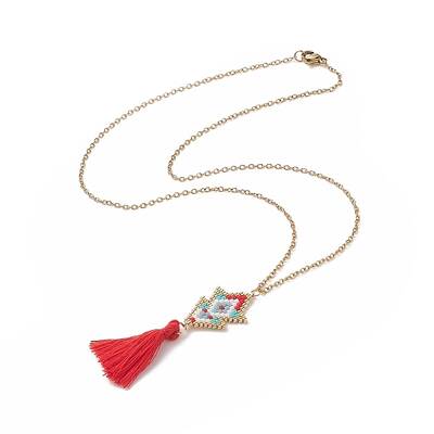 Glass Seed Braided Arrow with Tassel Pendant Necklace