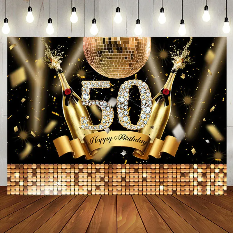 Golden Champagne Ball Glitter 50th Birthday Backdrop - Aperturee